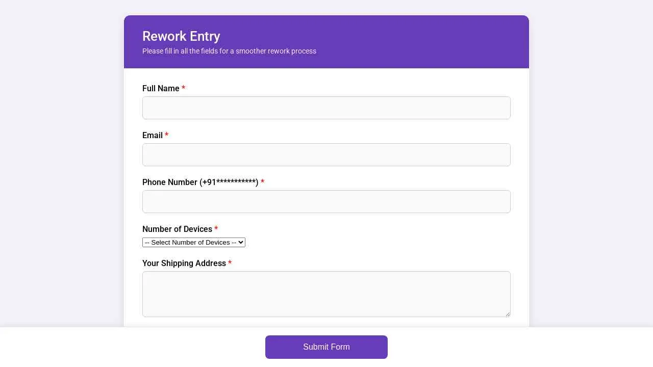 Rework Request Multi Device Customer Rework Form